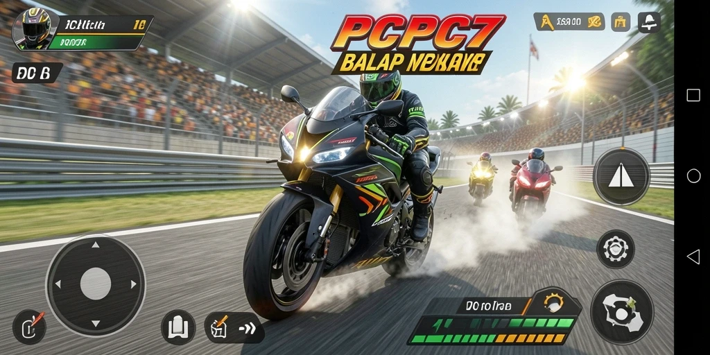 Screenshot utama PCPC7 menampilkan aksi balapan motor yang spektakuler.